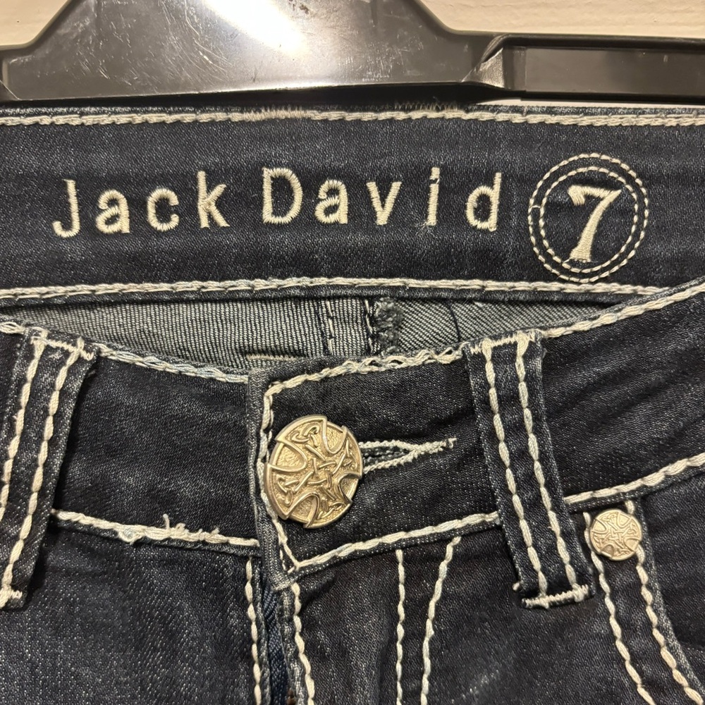 Jack David Dark Indigo Wash Cross Embellished Pocket Mid Rise Boot Cut Jeans 7 - Picture 3 of 5